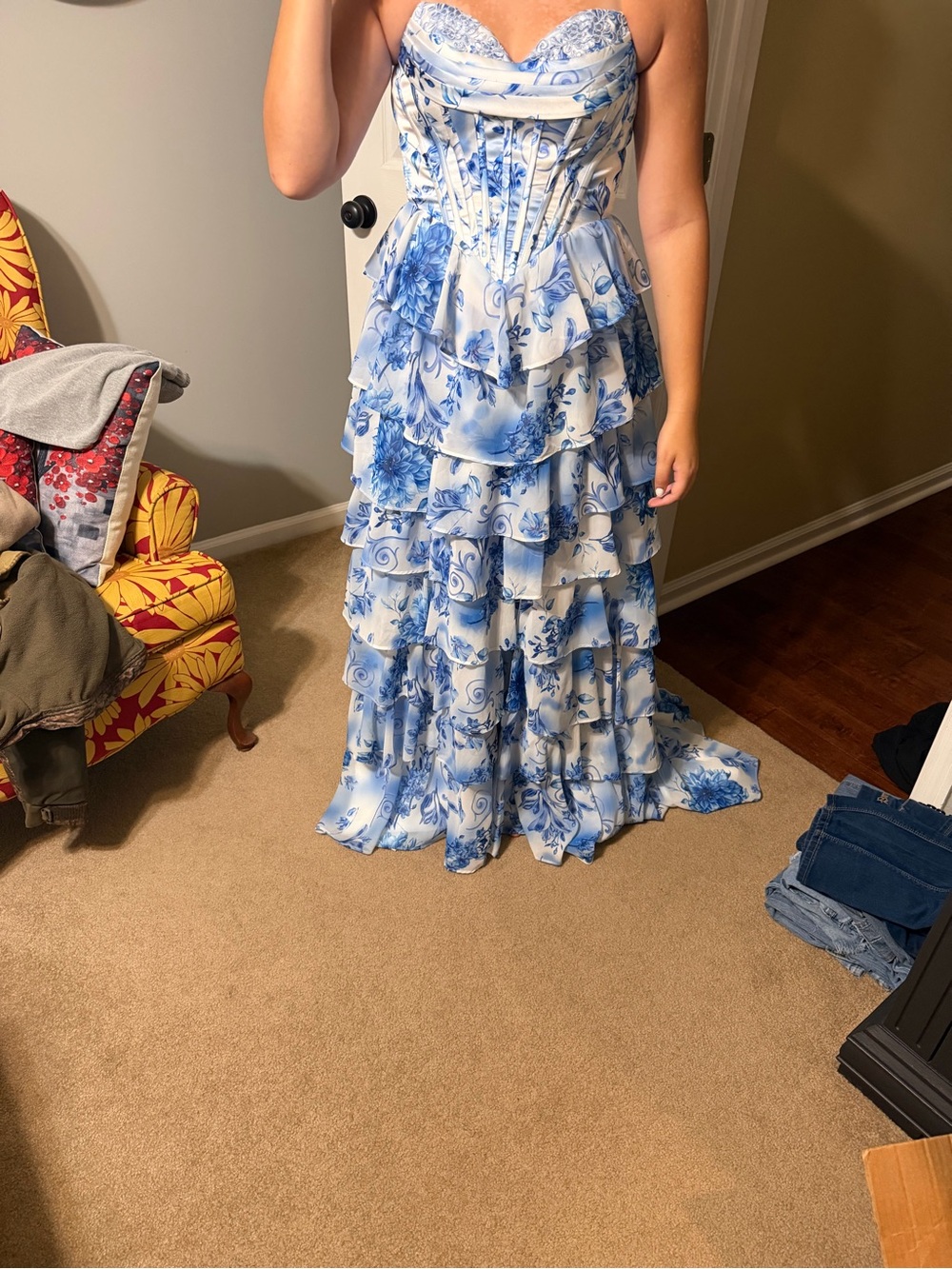 Strapless Blue & White Floral Tiered Maxi Dress